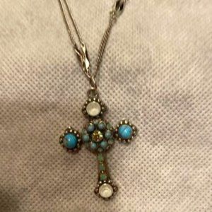 MARIANA SWAROVSKI CRYSTAL CROSS NECKLACE Silver With turquoise And Pearl Stones